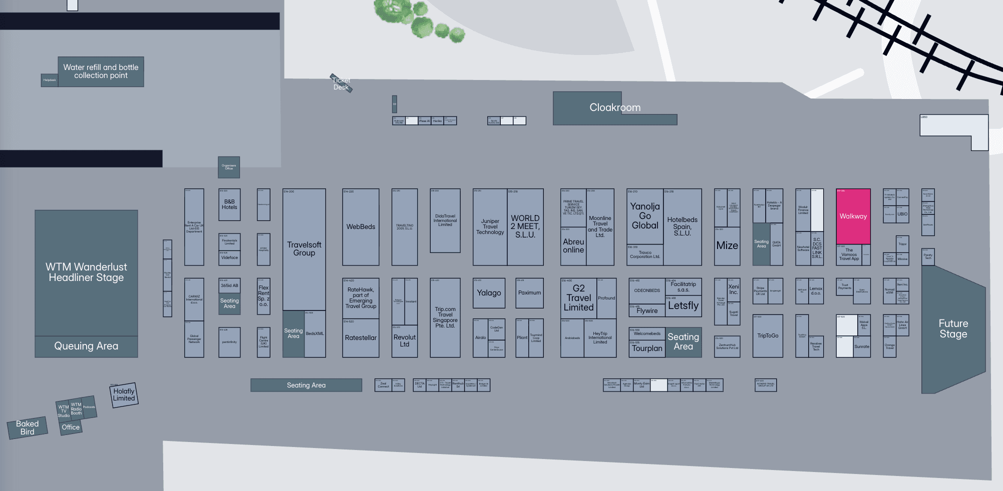 WTM exhibition floor plan. Walkway is highlighted in pink at Stand S17-220, within the Tourshub section, near the Future Stage.